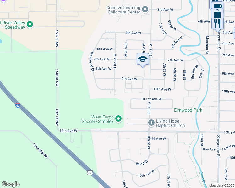 map of restaurants, bars, coffee shops, grocery stores, and more near 1027 11th Street West in West Fargo
