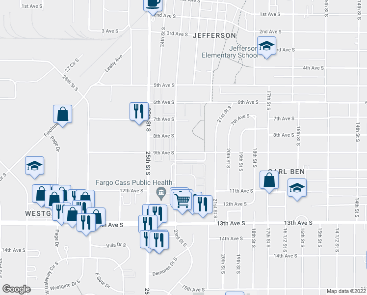map of restaurants, bars, coffee shops, grocery stores, and more near 2211 9th Avenue South in Fargo