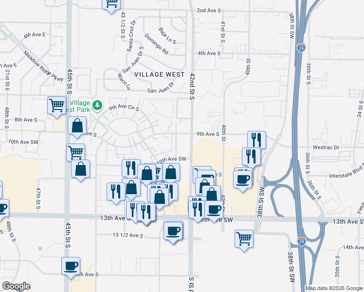 map of restaurants, bars, coffee shops, grocery stores, and more near 901 42nd Street South in Fargo