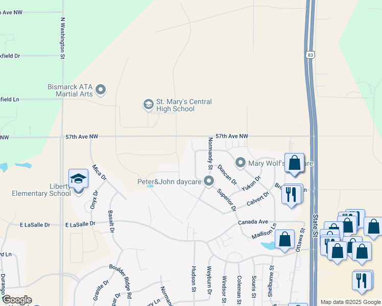 map of restaurants, bars, coffee shops, grocery stores, and more near 5606 Superior Drive in Bismarck