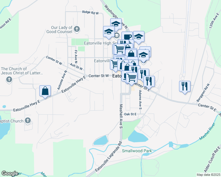 map of restaurants, bars, coffee shops, grocery stores, and more near 116 Rainier Avenue South in Eatonville