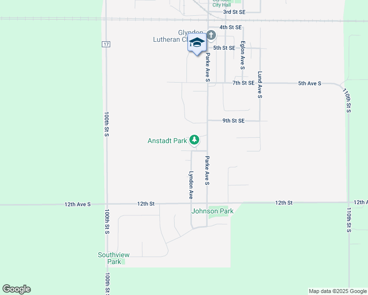 map of restaurants, bars, coffee shops, grocery stores, and more near 931 10th Street Southwest in Glyndon