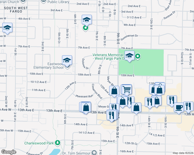 map of restaurants, bars, coffee shops, grocery stores, and more near 719 10th Avenue East in West Fargo