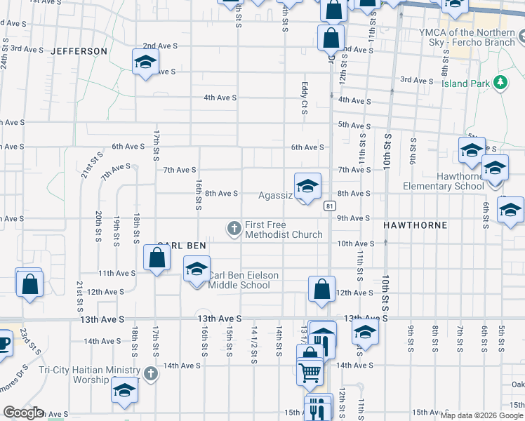 map of restaurants, bars, coffee shops, grocery stores, and more near 1421 9th Avenue South in Fargo