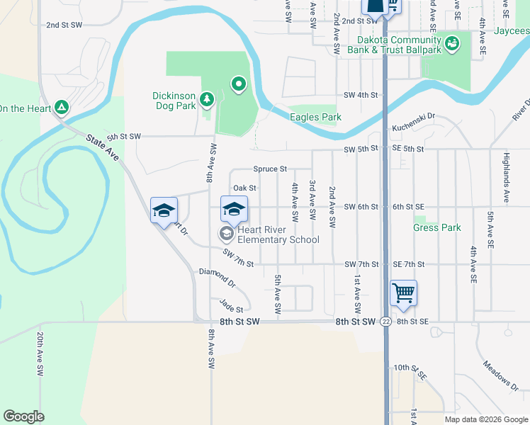 map of restaurants, bars, coffee shops, grocery stores, and more near 600-698 5th Avenue Southwest in Dickinson
