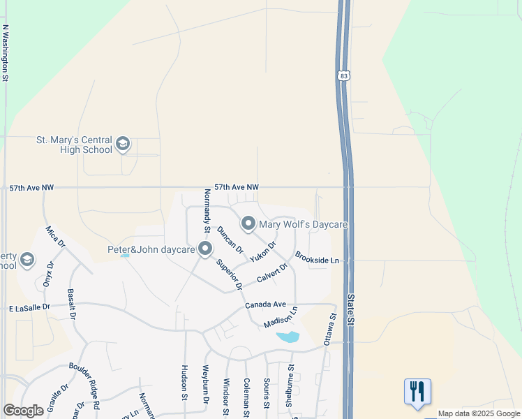 map of restaurants, bars, coffee shops, grocery stores, and more near 5601 Yukon Drive in Burleigh