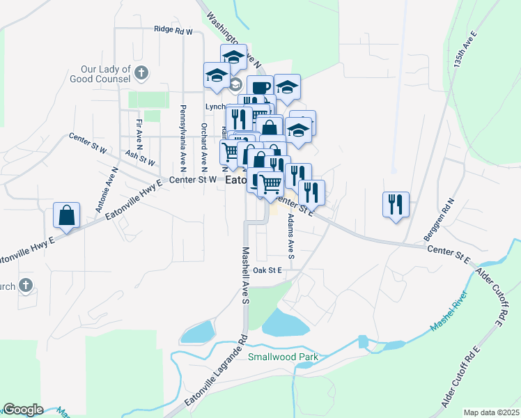 map of restaurants, bars, coffee shops, grocery stores, and more near 135 Mashell Avenue South in Eatonville