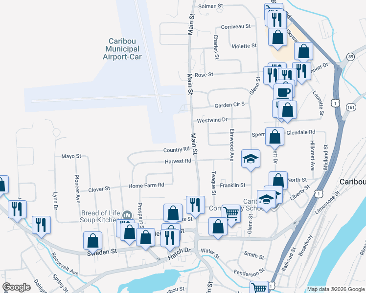 map of restaurants, bars, coffee shops, grocery stores, and more near 9 Country Road in Caribou
