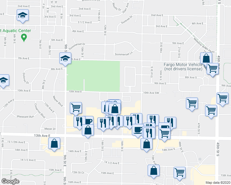 map of restaurants, bars, coffee shops, grocery stores, and more near 1547 10th Avenue East in West Fargo