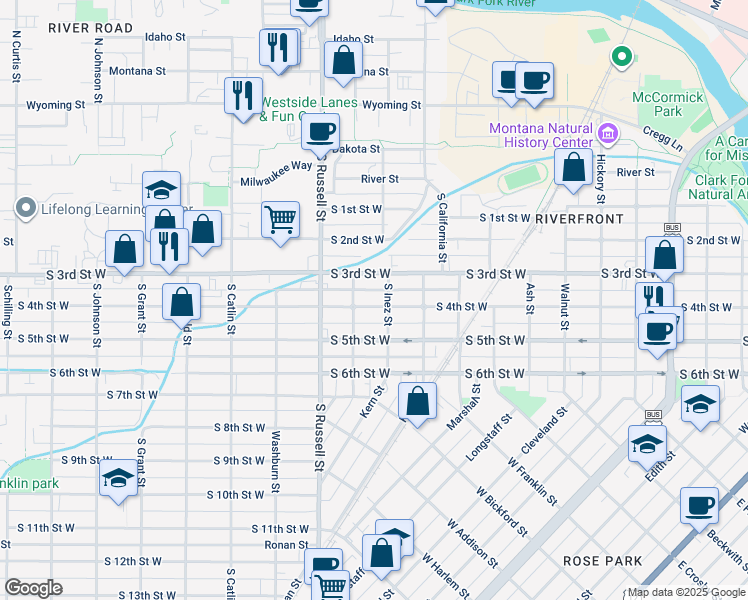 map of restaurants, bars, coffee shops, grocery stores, and more near 1326 South 4th Street West in Missoula