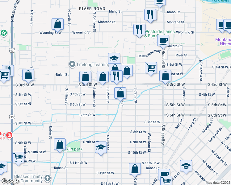 map of restaurants, bars, coffee shops, grocery stores, and more near 1854 South 4th Street West in Missoula