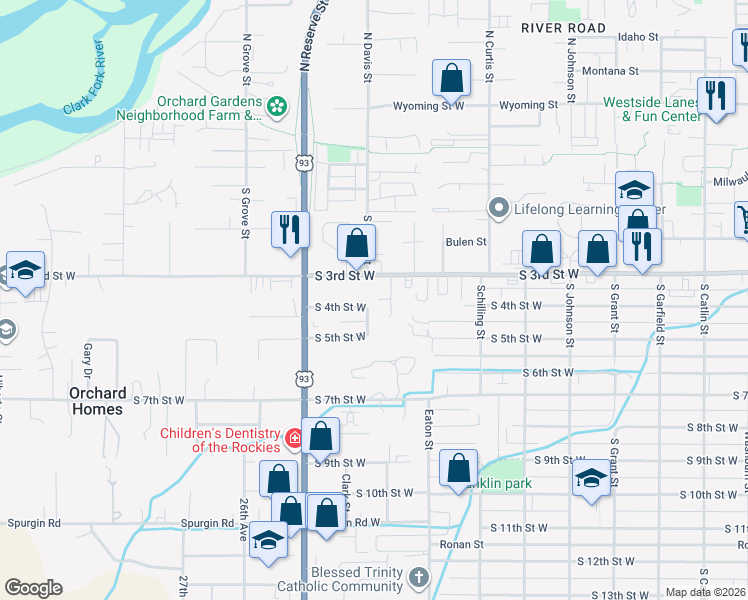map of restaurants, bars, coffee shops, grocery stores, and more near 2335 South 3rd Street West in Missoula