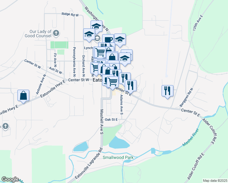 map of restaurants, bars, coffee shops, grocery stores, and more near 203 Center Street West in Eatonville