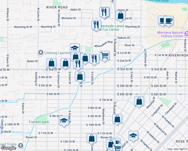 map of restaurants, bars, coffee shops, grocery stores, and more near 1701 South 4th Street West in Missoula