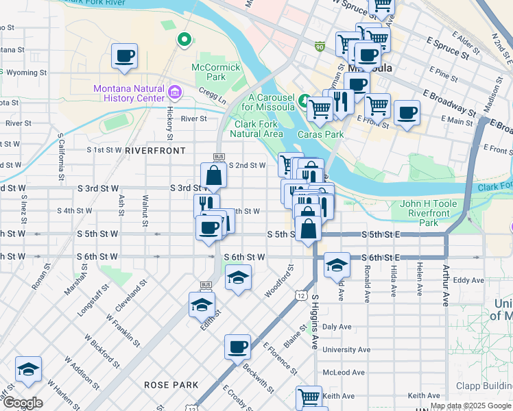 map of restaurants, bars, coffee shops, grocery stores, and more near 318 South 4th Street West in Missoula