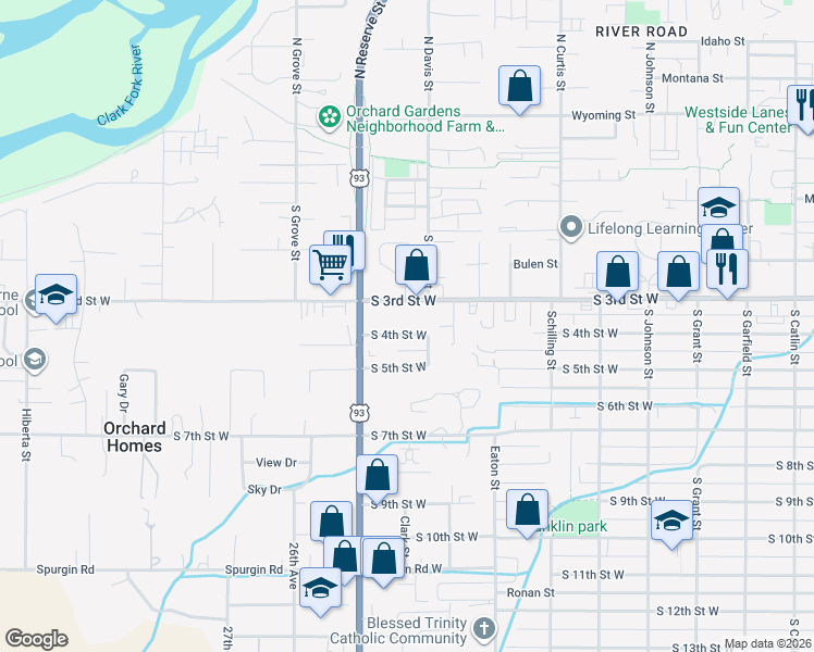 map of restaurants, bars, coffee shops, grocery stores, and more near 2412 South 4th Street West in Missoula