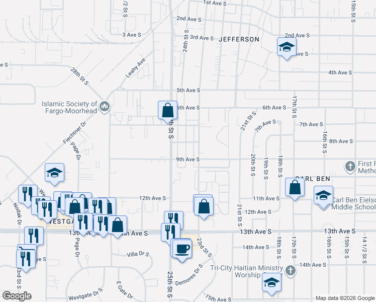 map of restaurants, bars, coffee shops, grocery stores, and more near 2301-2335 9th Avenue South in Fargo