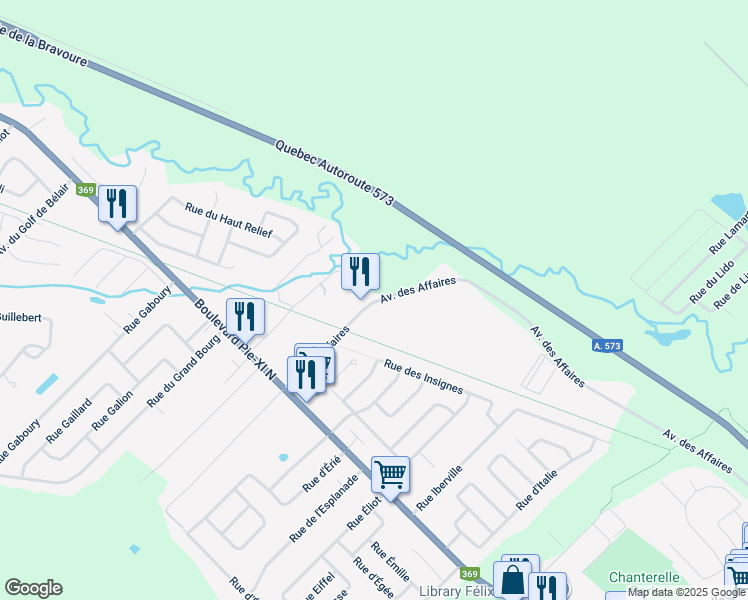 map of restaurants, bars, coffee shops, grocery stores, and more near 1520 Avenue des Affaires in Québec