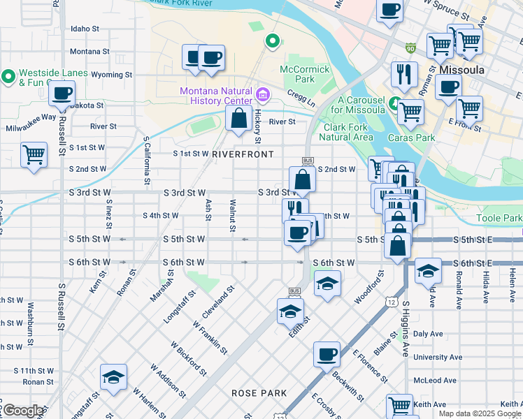 map of restaurants, bars, coffee shops, grocery stores, and more near 530 Hickory Street in Missoula