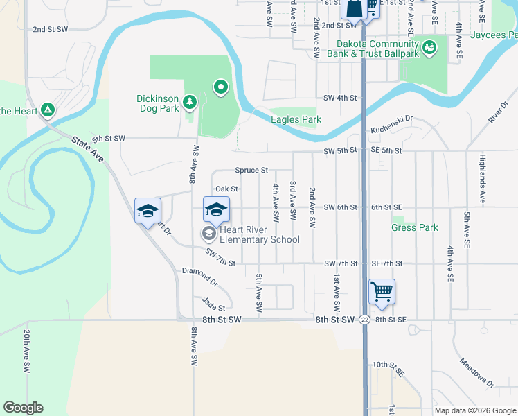 map of restaurants, bars, coffee shops, grocery stores, and more near 600 5th Avenue Southwest in Dickinson