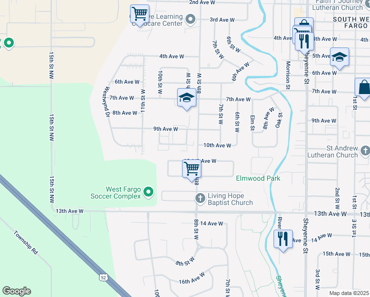 map of restaurants, bars, coffee shops, grocery stores, and more near 832 10 1/2 Avenue West in West Fargo
