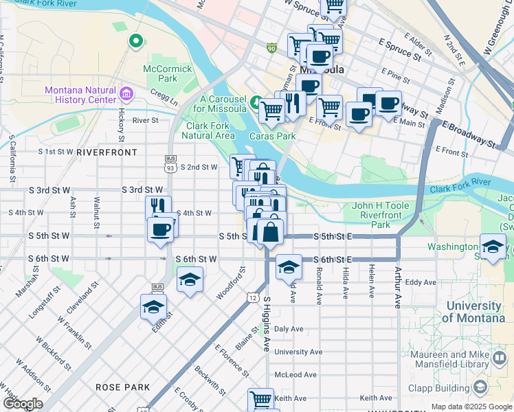 map of restaurants, bars, coffee shops, grocery stores, and more near 127 South 4th Street West in Missoula