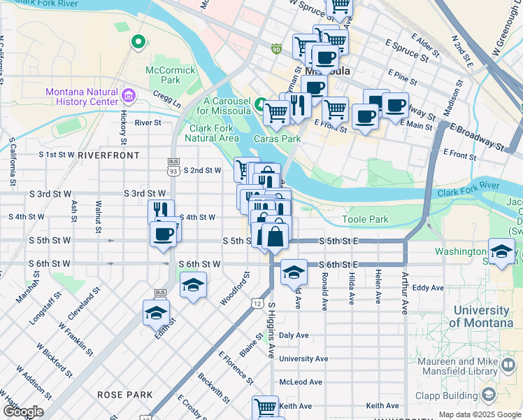 map of restaurants, bars, coffee shops, grocery stores, and more near 127 South 4th Street West in Missoula
