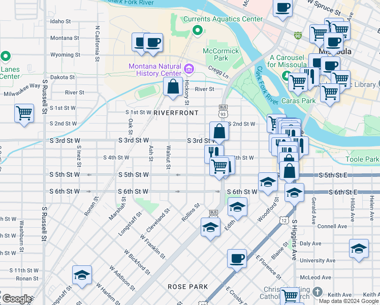 map of restaurants, bars, coffee shops, grocery stores, and more near 530 Hickory Street in Missoula