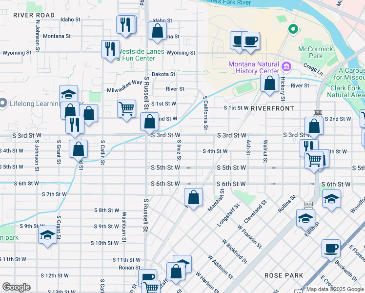 map of restaurants, bars, coffee shops, grocery stores, and more near 1235 South 4th Street West in Missoula