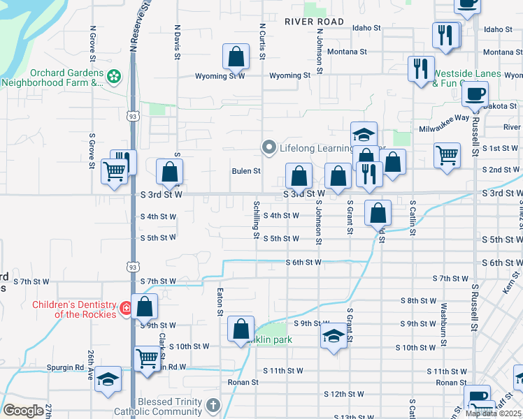 map of restaurants, bars, coffee shops, grocery stores, and more near 2139 South 4th Street West in Missoula