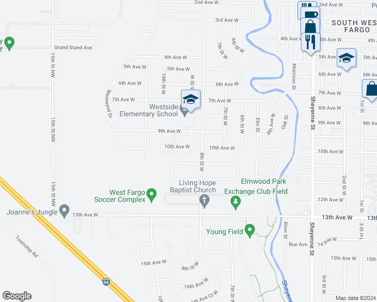 map of restaurants, bars, coffee shops, grocery stores, and more near 832 10 1/2 Avenue West in West Fargo