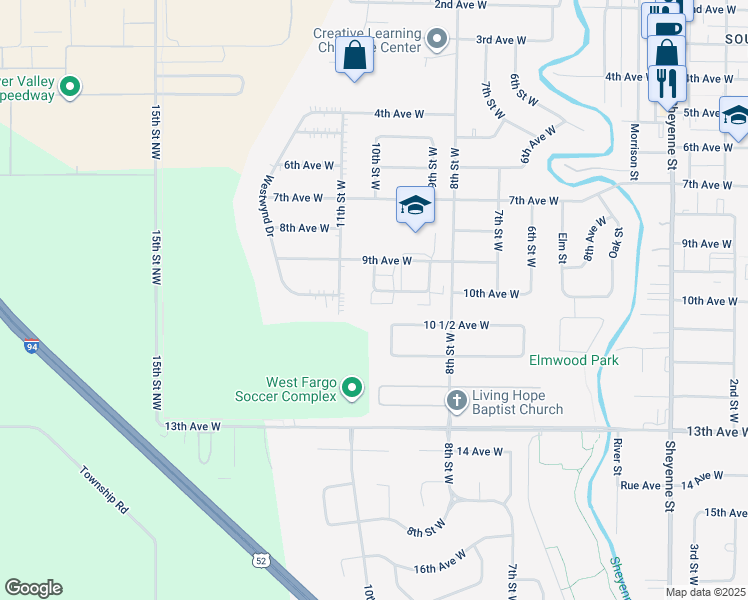 map of restaurants, bars, coffee shops, grocery stores, and more near 1002 9th Street West in West Fargo