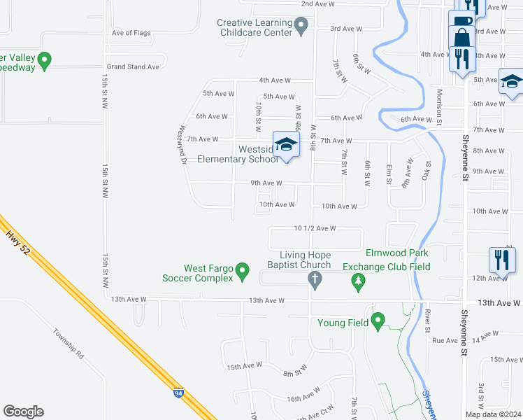 map of restaurants, bars, coffee shops, grocery stores, and more near 10th Avenue Southwest in Fargo