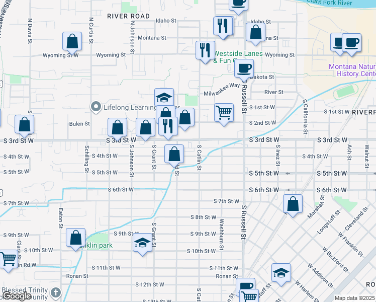 map of restaurants, bars, coffee shops, grocery stores, and more near 610 South Garfield Street in Missoula