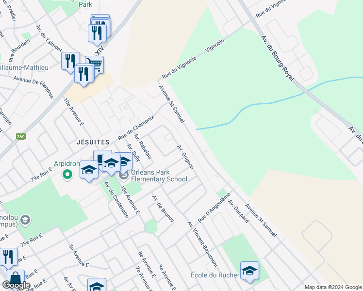 map of restaurants, bars, coffee shops, grocery stores, and more near 7468 Avenue Grignon in Québec