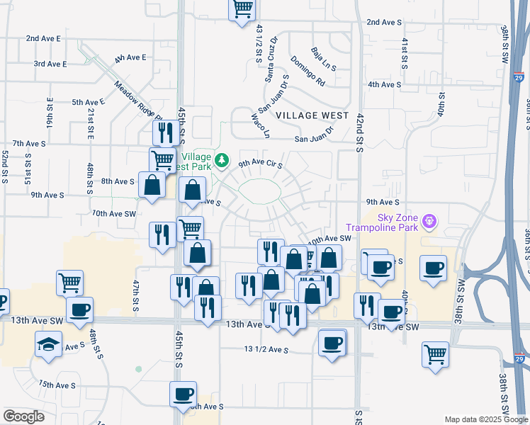 map of restaurants, bars, coffee shops, grocery stores, and more near 4313 9th Avenue South in Fargo