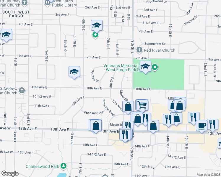 map of restaurants, bars, coffee shops, grocery stores, and more near 1001 8th Street East in West Fargo