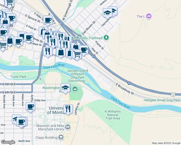 map of restaurants, bars, coffee shops, grocery stores, and more near 1033 East Broadway Street in Missoula