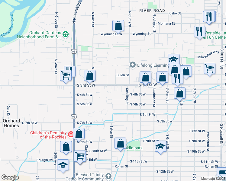 map of restaurants, bars, coffee shops, grocery stores, and more near 328 1/2 South 3rd Street West in Missoula