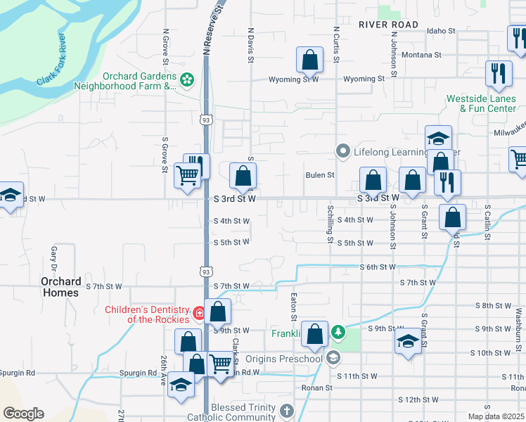 map of restaurants, bars, coffee shops, grocery stores, and more near 2335 South 3rd Street West in Missoula