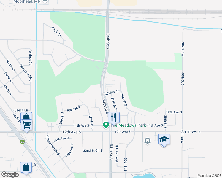 map of restaurants, bars, coffee shops, grocery stores, and more near 801 35th Street South in Moorhead