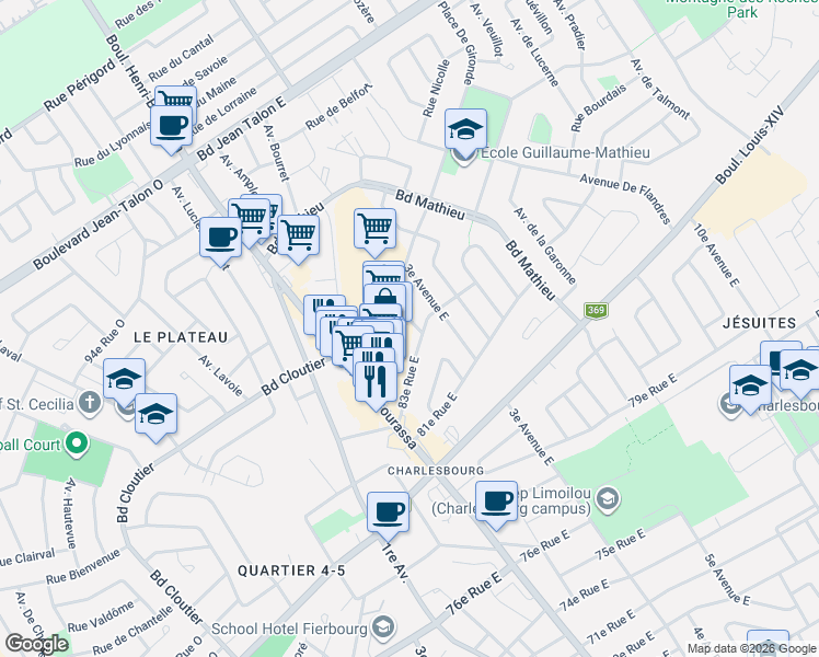 map of restaurants, bars, coffee shops, grocery stores, and more near 8370 Avenue de la Dominique in Québec City