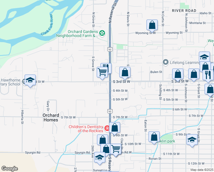 map of restaurants, bars, coffee shops, grocery stores, and more near 2518 Olofson Drive in Missoula