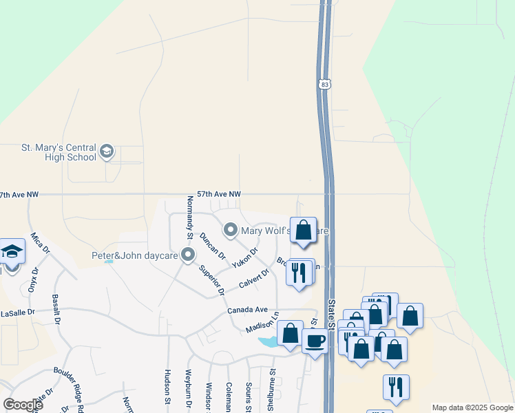 map of restaurants, bars, coffee shops, grocery stores, and more near 5601 Yukon Drive in Bismarck