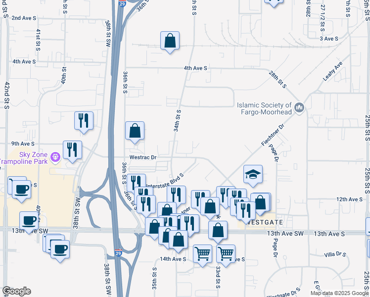 map of restaurants, bars, coffee shops, grocery stores, and more near 3310 Westrac Dr in Fargo