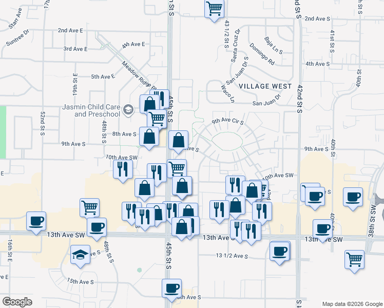 map of restaurants, bars, coffee shops, grocery stores, and more near 4410 9th Avenue Southwest in Fargo