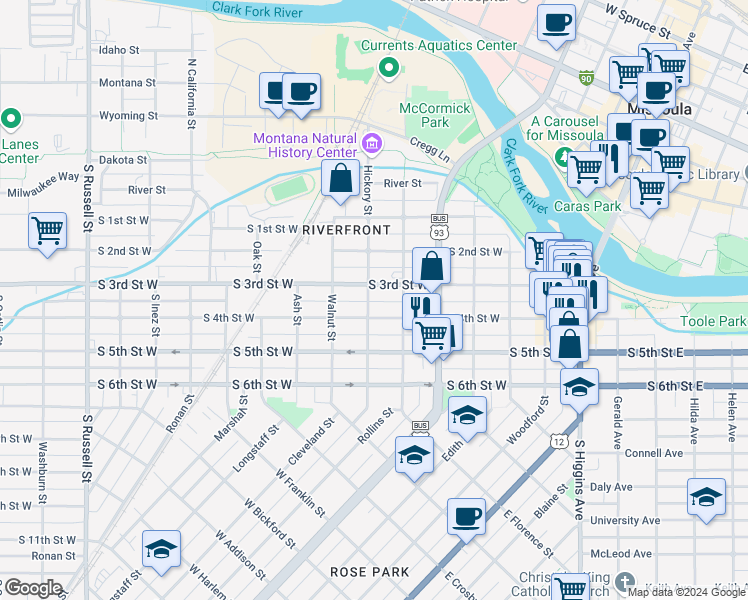 map of restaurants, bars, coffee shops, grocery stores, and more near 530 Hickory Street in Missoula