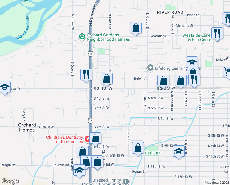 map of restaurants, bars, coffee shops, grocery stores, and more near 2335 South 3rd Street West in Missoula