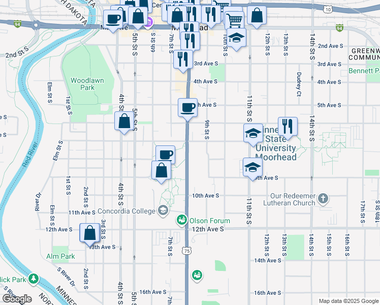 map of restaurants, bars, coffee shops, grocery stores, and more near 718 8th Street South in Moorhead