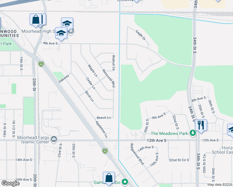 map of restaurants, bars, coffee shops, grocery stores, and more near 718 Rensvold Boulevard in Moorhead